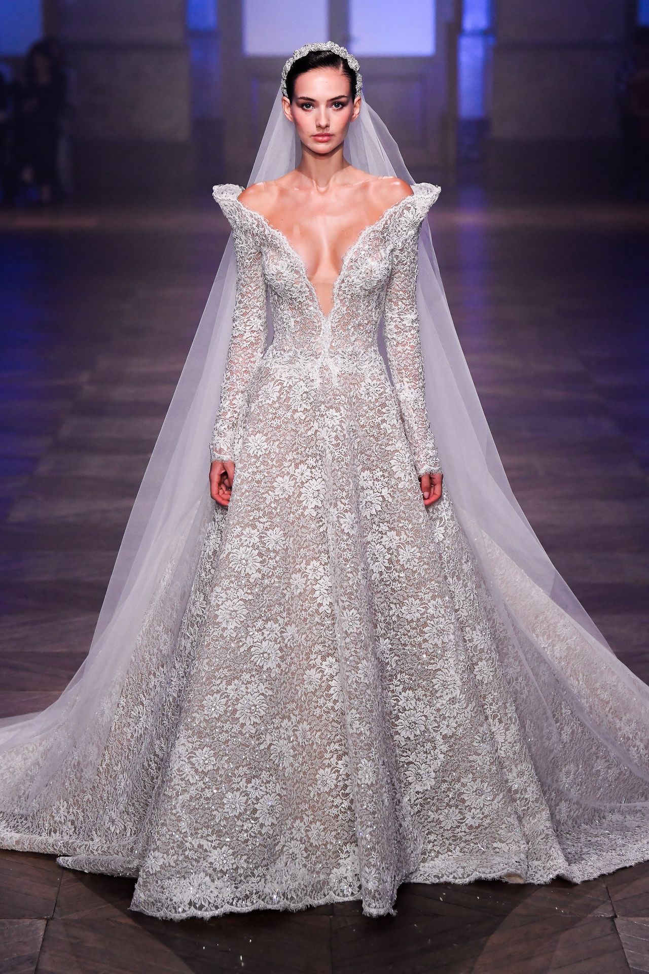 Georges Hobeika Fall 2026 Couture long-sleeve lace wedding gown with veil