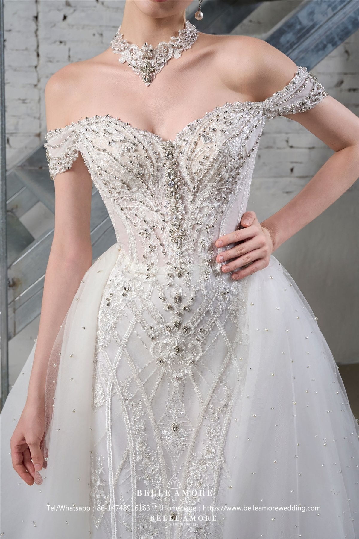 Detail of BelleAmore BL0176 off-the-shoulder wedding dress
